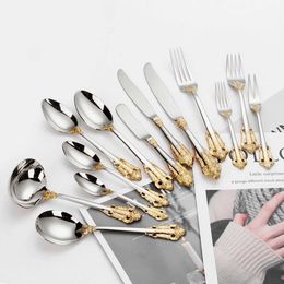 Camp Kitchen Stainless Steel Silver Flatware Set Vintage Cutlery Hollow Handle Silverware for Wedding Baroque 18/10 Glossy Gold YQ240123