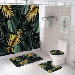 Shower Curtains Black and Gold Tropical Plant Palm Leaf Bathroom Shower Curtain Set for Bathtub Exotic Leaves Bath Mats Rugs Toilet Home Decor