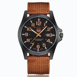 SOKI Brown Men Nylon Strap Quartz Watch Fashion Simple Round Glass Dial Date Watch For Daily Work Sports