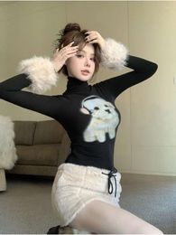 Women's T Shirts Hikigawa Chic Fashion Women Vintage Y2k Slim Cartoon Dog Print Turtleneck Long Sleeve T-Shirts Spring Oversleeve Tops Ropa