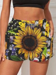 Women's Shorts 2024 Summer Sunflower Theme Independence Day Printed Fashion Pants Beach