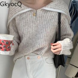 Women's Sweaters GkyocQ Korean Chic Fall And Winter Simple Casual Style Big Lapel Collar Zipper Design Loose Long-sleeved Sweater Knit