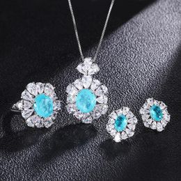 Sets QTT Charms Silver Color Wedding Jewelry Sets for Women Paraiba Tourmaline Pedant Necklace Earrings Jewelry Gift Set