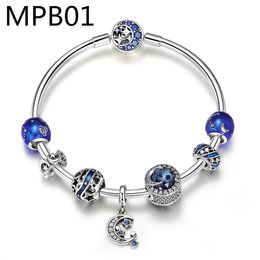 Bracelets TW15 Fashion Star with Moon Charm alloy Bracelet Blue Crystal Glass Beads Bracelets & Bangles for Women