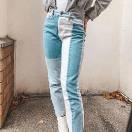 Women's Jeans Spring Women High Waist Trousers Vintage Fashion White Blue Patchwork Lady Casual Loose Straight