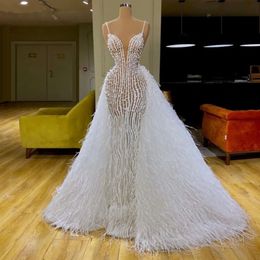 Stunningbride 2024 Two Pieces Pearls Wedding Dresses Mermaid Spaghetti Straps Feather Overskirt Detachable Train Bride Dresses Custom Made