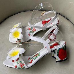 Sandals Mid Heel 6Cm Strawberry With Yellow Flower Printed Crystal Buckle Block Heeled Diamond Woman High Summer Shoes