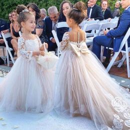 Stock Lace Flowers Girl Dress with Bows Children's First Communion Ball Gown Wedding Party Child Bridesmaid Kids Clothes 0123