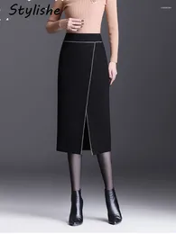 Skirts Office Women Black Skirt High Waist Striped Slit Bodycon Long Vintage Chic Slim A Line Women's Faldas Autumn Winter