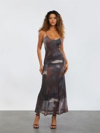 Casual Dresses Women Vintage Maxi Dress Elegant Backless Spaghetti Strap Satin Bodycon Print Long 2024 Summer Sexy Y2K Party