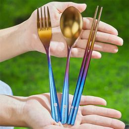 Camp Kitchen Outdoor Titanium Colourful Spoon Fork And Chopsticks Set Camping Portable Titanium Metal Cutlery Set YQ240123