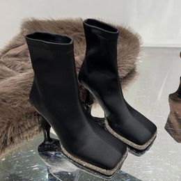 Boots 2024 Brand Design Women's Ankle Great Quality Elegant High Heels Vintage Square Toe Sock Booties Modern Ladies Shoes