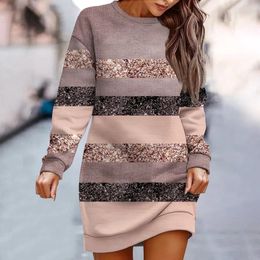 Casual Dresses Sequin Mini Long Sleeve Dress For Women Striped Printed Patchwork Pullover Hip Pack Sweater Autumn