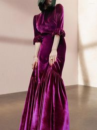 Casual Dresses Women's Dress 2024 High-End Vintage Purple Velvet Slim-Fit Peplum Long
