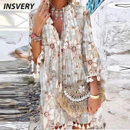 Casual Dresses Summer Bohemian For Women Vintage Print 3/4 Sleeve V Neck Loose Beach Party Short Dress Boho Tassel Design Vestidos