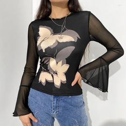 Women's T Shirts 2024 Autumn Mesh Stitching Gothic Trumpet Sleeve Sexy T-shirt Slim Bottoming Butterfly Print Round Neck Casual Top