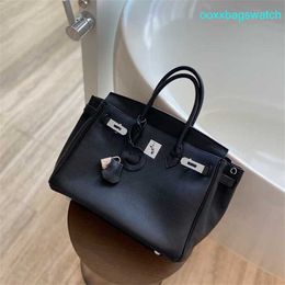 Leather Handbag Elegant Womens Bk Tote Bags Customised Premium Black Platinum Bag with Silver Buckle Leather Large Capacity Handbag Top Layer Cowhide Womens HB UCIJ