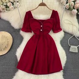 Casual Dresses Korean Style Fashion Retro Solid Color Dress Bubble Short Sleeve Square Neck Slim Fit A-Line Vestidos