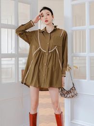 Women's Blouses Long Sleeve Spliced Ribbons Vintage Brown Green Shirts Tops Spring Autumn Women Streetwear Loose Casual Mid-length Blouse