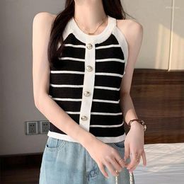 Women's Tanks French Sweet And Spicy Halterneck Stripe Knitted Camisole Summer 2024 Style Underwear Cropped Top