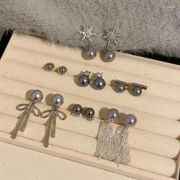 Stud Earrings French Elegant Tassel Bow Grey Pearl For Korean Fashion Rhinestone Jewelry Party Women's Sweet Accessories