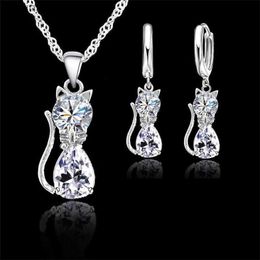 Pendant Necklaces Real 925 Sterling Silver Colour Jewellery Sets for Woman Girls Shining Austrian Crystal Cute Cat Pendant Necklace Huggie Earring YQ240124