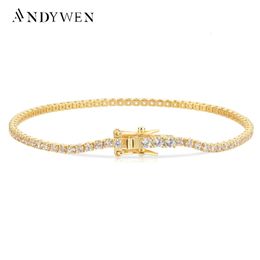 ANDYWEN 925 Sterling Silver Gold 2mm Round Cut Tennis Bracelet Zircon CZ Bangle Claps Women Chain Crystal Wedding Fine Jewelry 240118