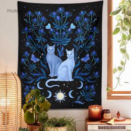 Tapestries Blue thistle cat tapestry wall hanging psychedelic leaf flower divination home black cool decoration