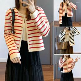 Women's Blouses Women Fall Winter Knit Cardigan Striped Single-breasted O Neck Sweater Coat Loose OL Commute Style Lady Short