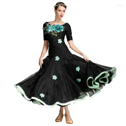 Stage Wear Waltz Light Green Contrast Colour Group Embroidered Peony Modern Dance Dress Tango Foxtrot Ballroom