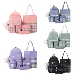 School Bags Primary And Middle Students Back To Schoolbag Four-piece Cheque Pattern Multi-pocket Girl Backpack