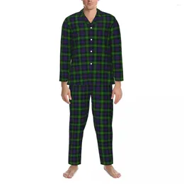 Men's Sleepwear Vintage Plaid Pajama Sets Green And Blue Cute Soft Men Long Sleeve Bedroom 2 Piece Nightwear Large Size