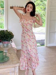 Casual Dresses Summer Chiffon One Piece Long Dress Women Clothes Elegant Pretty Print Sexy Strap Backless Midi Beach Holiday Robe Mujer