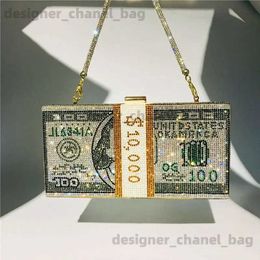 Shoulder Bags Creative Fashion New Money Clutch Rhinestone Purse 10000 Dollars Stack Bags of Cash Evening Handbags Shoulder Wedding Dinner Bag T240123