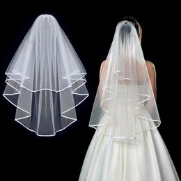 White Ivory Short Bridal Veil with Comb Fashion Ribbon Edge Shoulder Length Two Layer Wedding Accessories