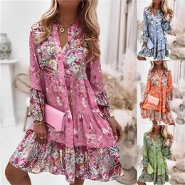Party Dresses Women Floral Print Dress Oversize Elegant Pleated Long Sleeve Casual Female V Neck Loose Bohemian Beach Holiday