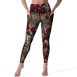 Women's Leggings Floral Leopard Print Yoga Pants Sexy Red Roses Graphic Push Up Work Out Leggins Female Vintage Stretch Sports Tights