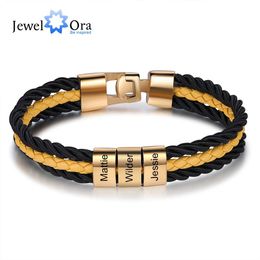 Bracelets JewelOra Personalised Braided Layered Leather Bracelets Gold Colour Stainless Steel Custom Beads Name Engraved Bracelets for Men