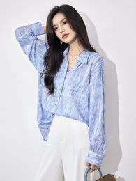 Women's Blouses Vintage Tie-Dyed Printed Blue Shirts Women 2024 Arrival Loose Casual Tops Blouse Button Up Shirt Streetwear