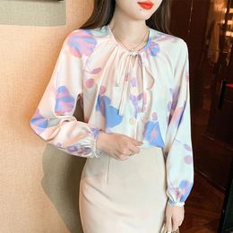 Women's Blouses Women Clothing Lace-up Bow Elegant Shirts Spring Autumn Loose Casual Fashion Chic Blouse French Vintage Tops Printed Shirt