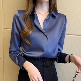 Women's Blouses 2024 Office Wear Spring Summer Autumn Women Fashion Long Sleeve Turn Down Collar Satin Tops Shirt Blouse