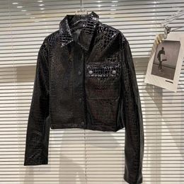 Women's Leather Spring Autumn Women Black Slim Short Faux Crocodile Jacket Streetwear Fashion Lapel Long Sleeve Motorcycle Biker