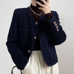 Women's Jackets Navy Blue Wool Blended Small Fragrance Short Coat High Quality Vintage Round Neck Simple Basic Red French Tweed Jacket