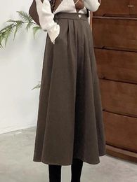 Skirts Woolen Maxi Skirt Women Korean Fashion High Waist Long Office Ladies Autumn Winter Vintage Casual Loose A-Line