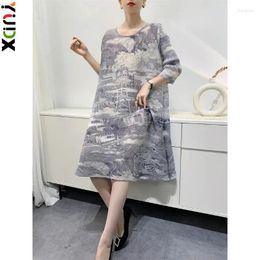 Casual Dresses YUDX Miyake High-end Women's China-Chic Cool Vintage Loose Print Medium Length Pleated Dress 2024 Early Spring And Summer