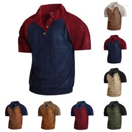 Men's Polos 2024 Spring And Summer Polo Casual Stand Collar Loose Corduroy Colorblocked Color Block Short Sleeve Sweatshirt