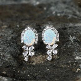 Stud Earrings Luxury Oval White Fire Opal Flower For Women Silver Color Zircon Bridal Wedding Engagement Jewelry Gift