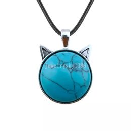 Cute Cat Head Pendant Necklace with Natural Healing Crystal Belt Leather Rope Birthday Gift for Friends