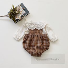 INS Baby clothes sets toddler girls falbala lapel long sleeve blouse plaid suspender romper 2pcs 2024 spring infant kids princess outfits Z6842