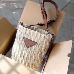 Summer Beach Straw Bag Tote Bags Women Handbags Casual Rattan Wicker Travel Bucket Purse Triangle Letter Woven Leather Detachable 237G